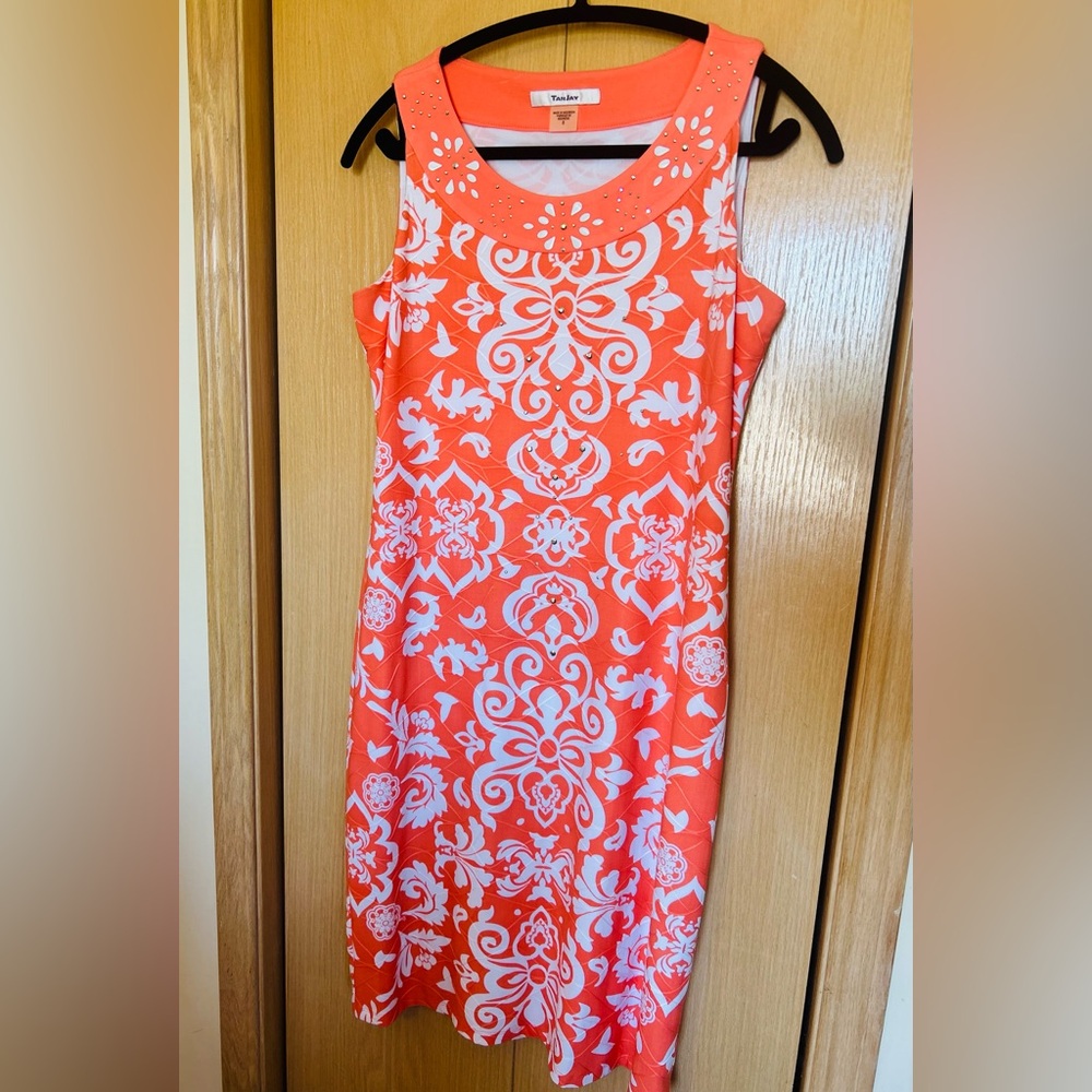 TanJay Coral and White Patterned Mini Dress